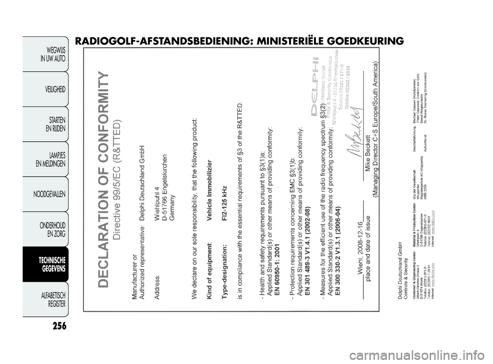 FIAT DOBLO COMBI 2010 Instructieboek (in Dutch) 256
WEGWIJS
IN UW AUTO
VEILIGHEID
STA R TEN
EN RIJDEN
LAMPJES
EN MELDINGEN
NOODGEVALLEN
ONDERHOUD
EN ZORG
TECHNISCHE
GEGEVENS
ALFABETISCH
REGISTER
RADIOGOLF-AFSTA NDSBEDIENING: MINISTERIËLE GOE FIAT DOBLO COMBI 2010 Instructieboek (in Dutch) 256
WEGWIJS
IN UW AUTO
VEILIGHEID
STA R TEN
EN RIJDEN
LAMPJES
EN MELDINGEN
NOODGEVALLEN
ONDERHOUD
EN ZORG
TECHNISCHE
GEGEVENS
ALFABETISCH
REGISTER
RADIOGOLF-AFSTA NDSBEDIENING: MINISTERIËLE GOE