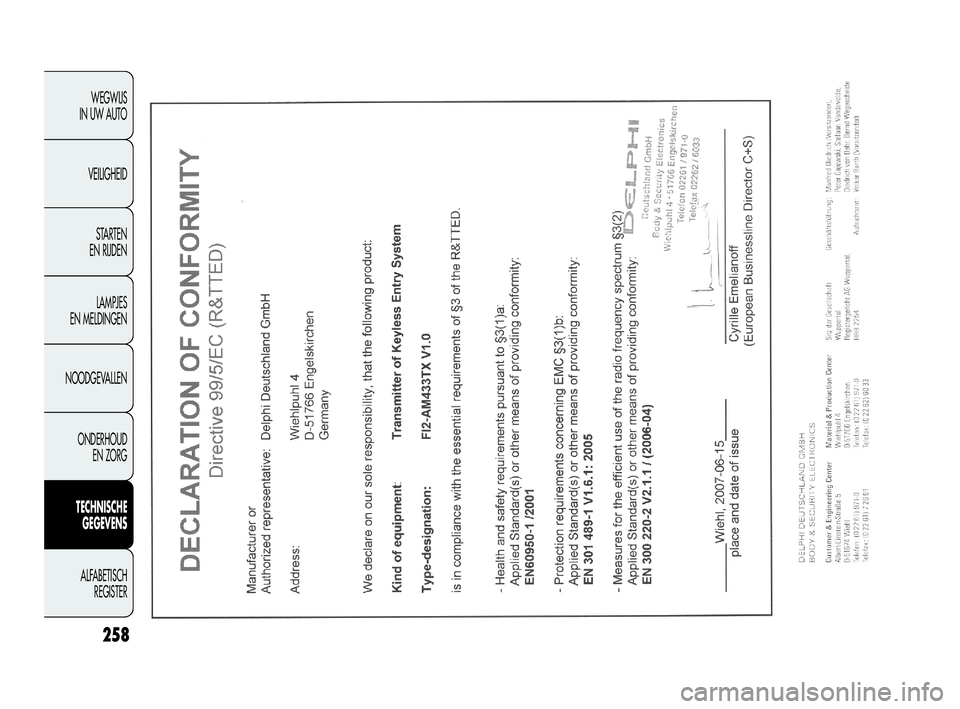 FIAT DOBLO COMBI 2010 Instructieboek (in Dutch) 258
WEGWIJS
IN UW AUTO
VEILIGHEID
STA R TEN
EN RIJDEN
LAMPJES
EN MELDINGEN
NOODGEVALLEN
ONDERHOUD
EN ZORG
TECHNISCHE
GEGEVENS
ALFABETISCH
REGISTER
Pagine_ITA.indd118-05-200511:53:40
219-260 DOBL FIAT DOBLO COMBI 2010 Instructieboek (in Dutch) 258
WEGWIJS
IN UW AUTO
VEILIGHEID
STA R TEN
EN RIJDEN
LAMPJES
EN MELDINGEN
NOODGEVALLEN
ONDERHOUD
EN ZORG
TECHNISCHE
GEGEVENS
ALFABETISCH
REGISTER
Pagine_ITA.indd118-05-200511:53:40
219-260 DOBL