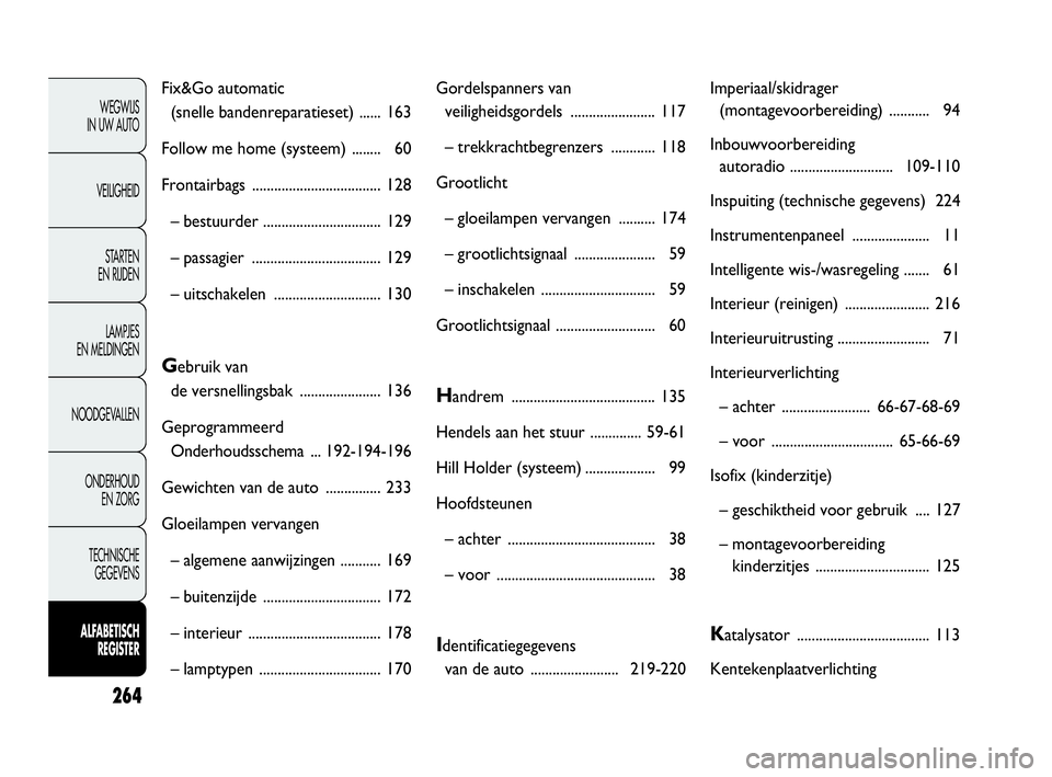 FIAT DOBLO COMBI 2009  Instructieboek (in Dutch) 264
WEGWIJS 
IN UW AUTO
VEILIGHEID
STA R TEN 
EN RIJDEN
LAMPJES 
EN MELDINGEN
NOODGEVALLEN
ONDERHOUD 
EN ZORG
TECHNISCHE 
GEGEVENS
ALFABETISCH 
REGISTER
Fix&Go automatic 
(snelle bandenreparatieset) .