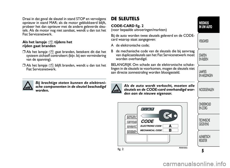 FIAT DOBLO COMBI 2009  Instructieboek (in Dutch) 5
WEGWIJS
IN UW AUTO
VEILIGHEID
STARTEN
EN RIJDEN
LAMPJES
EN MELDINGEN
NOODGEVALLEN
ONDERHOUD
EN ZORG
TECHNISCHE
GEGEVENS
ALFABETISCH
REGISTER
DE SLEUTELS
CODE-CARD fig. 2
(voor bepaalde uitvoeringen/