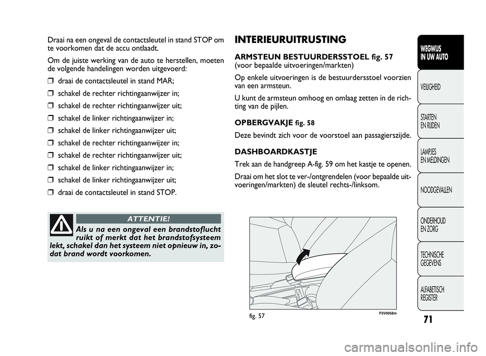 FIAT DOBLO COMBI 2009 Instructieboek (in Dutch) 71
WEGWIJS
IN UW AUTO
VEILIGHEID
STARTEN
EN RIJDEN
LAMPJES
EN MELDINGEN
NOODGEVALLEN
ONDERHOUD
EN ZORG
TECHNISCHE
GEGEVENS
ALFABETISCH
REGISTER
INTERIEURUITRUSTING
ARMSTEUN BESTUURDERSSTOEL fig. 57
(v FIAT DOBLO COMBI 2009 Instructieboek (in Dutch) 71
WEGWIJS
IN UW AUTO
VEILIGHEID
STARTEN
EN RIJDEN
LAMPJES
EN MELDINGEN
NOODGEVALLEN
ONDERHOUD
EN ZORG
TECHNISCHE
GEGEVENS
ALFABETISCH
REGISTER
INTERIEURUITRUSTING
ARMSTEUN BESTUURDERSSTOEL fig. 57
(v