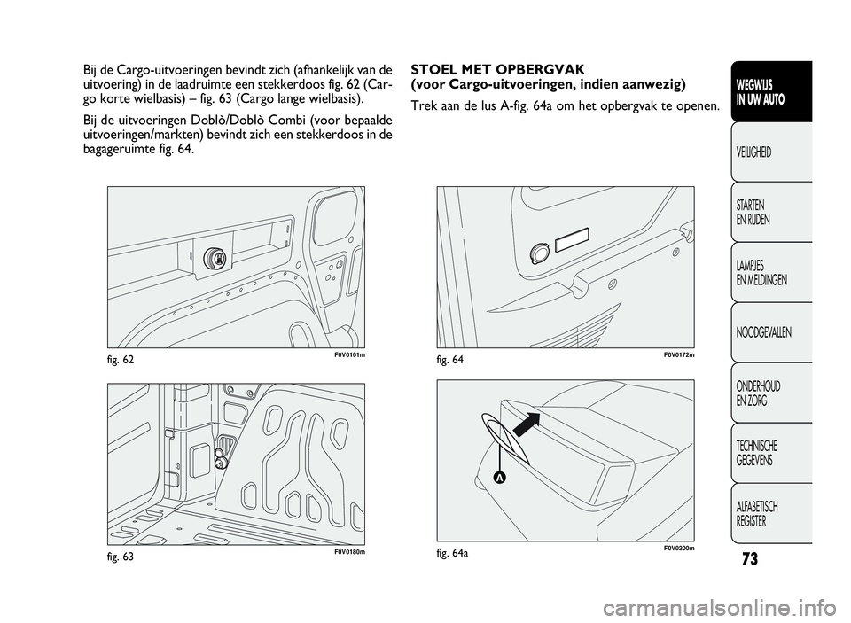 FIAT DOBLO COMBI 2010 Instructieboek (in Dutch) 73
F0V0101mfig. 62
WEGWIJS
IN UW AUTO
VEILIGHEID
STARTEN
EN RIJDEN
LAMPJES
EN MELDINGEN
NOODGEVALLEN
ONDERHOUD
EN ZORG
TECHNISCHE
GEGEVENS
ALFABETISCH
REGISTER
Bij de Cargo-uitvoeringen bevindt zich ( FIAT DOBLO COMBI 2010 Instructieboek (in Dutch) 73
F0V0101mfig. 62
WEGWIJS
IN UW AUTO
VEILIGHEID
STARTEN
EN RIJDEN
LAMPJES
EN MELDINGEN
NOODGEVALLEN
ONDERHOUD
EN ZORG
TECHNISCHE
GEGEVENS
ALFABETISCH
REGISTER
Bij de Cargo-uitvoeringen bevindt zich (