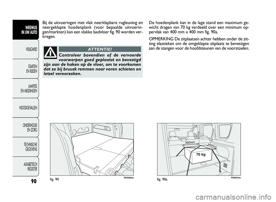 FIAT DOBLO COMBI 2009 Instructieboek (in Dutch) F0V0204mfig. 90
Bij de uitvoeringen met vlak neerklapbare rugleuning en
neergeklapte hoedenplank (voor bepaalde uitvoerin-
gen/markten) kan een vlakke laadvloer fig. 90 worden ver-
kregen.
90
WEGWIJS
FIAT DOBLO COMBI 2009 Instructieboek (in Dutch) F0V0204mfig. 90
Bij de uitvoeringen met vlak neerklapbare rugleuning en
neergeklapte hoedenplank (voor bepaalde uitvoerin-
gen/markten) kan een vlakke laadvloer fig. 90 worden ver-
kregen.
90
WEGWIJS