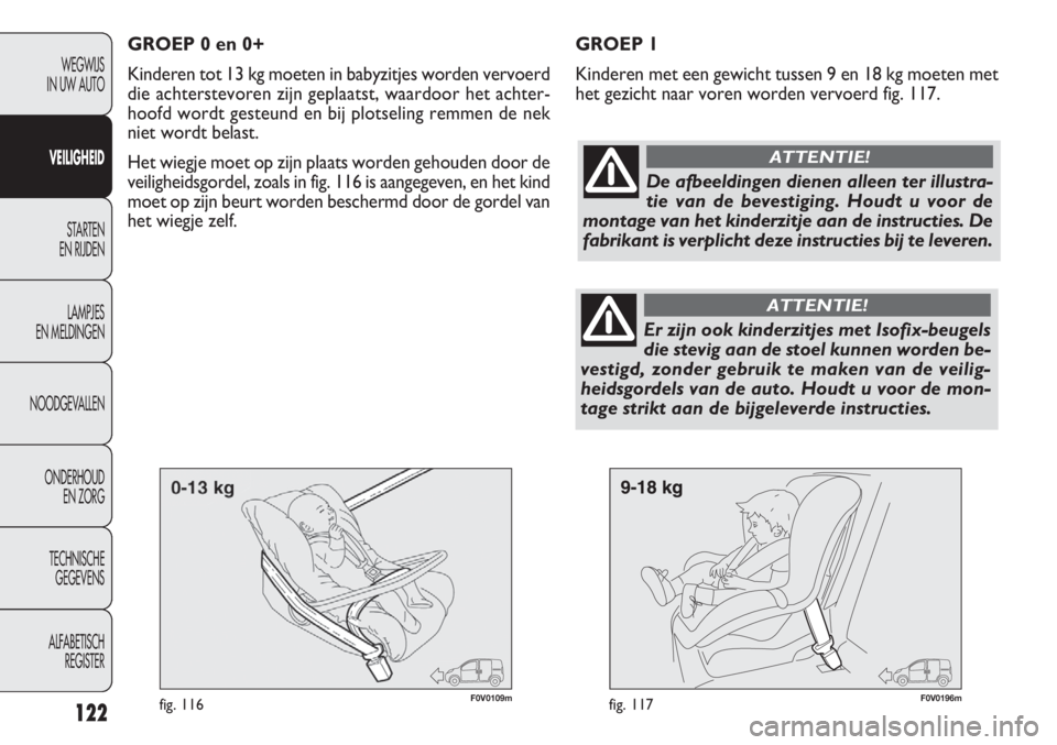 FIAT DOBLO COMBI 2011 Instructieboek (in Dutch) 122
F0V0109mfig. 116F0V0196mfig. 117
GROEP 1
Kinderen met een gewicht tussen 9 en 18 kg moeten met
het gezicht naar voren worden vervoerd fig. 117.
WEGWIJS
IN UW AUTO
VEILIGHEID
STARTEN
EN RIJDEN
LAM FIAT DOBLO COMBI 2011 Instructieboek (in Dutch) 122
F0V0109mfig. 116F0V0196mfig. 117
GROEP 1
Kinderen met een gewicht tussen 9 en 18 kg moeten met
het gezicht naar voren worden vervoerd fig. 117.
WEGWIJS
IN UW AUTO
VEILIGHEID
STARTEN
EN RIJDEN
LAM