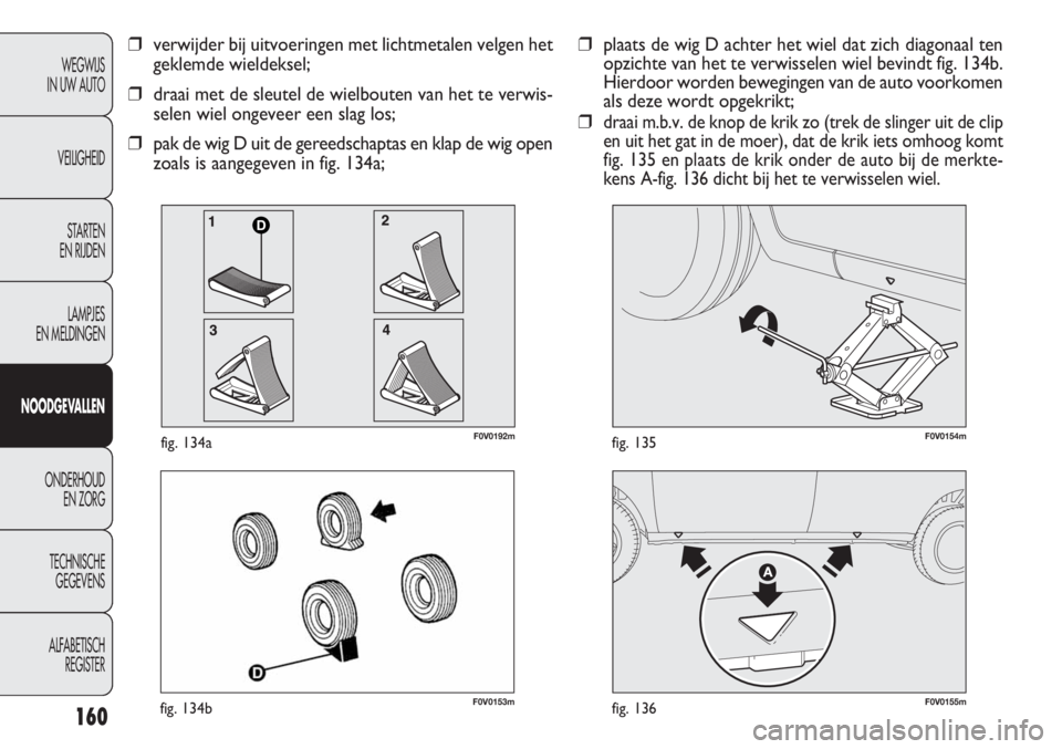 FIAT DOBLO COMBI 2011  Instructieboek (in Dutch) 160
F0V0153mfig. 134bF0V0155mfig. 136
F0V0154mfig. 135
WEGWIJS
IN UW AUTO
VEILIGHEID
STARTEN 
EN RIJDEN
LAMPJES
EN MELDINGEN
NOODGEVALLEN
ONDERHOUD
EN ZORG
TECHNISCHE
GEGEVENS
ALFABETISCH 
REGISTER
