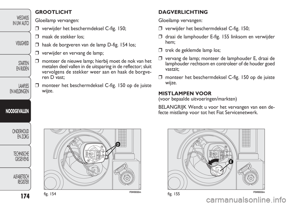 FIAT DOBLO COMBI 2011  Instructieboek (in Dutch) 174
F0V0032mfig. 154F0V0033mfig. 155
DAGVERLICHTING
Gloeilamp vervangen:
❒verwijder het beschermdeksel C-fig. 150;
❒draai de lamphouder E-fig. 155 linksom en verwijder
hem;
❒trek de geklemde lam