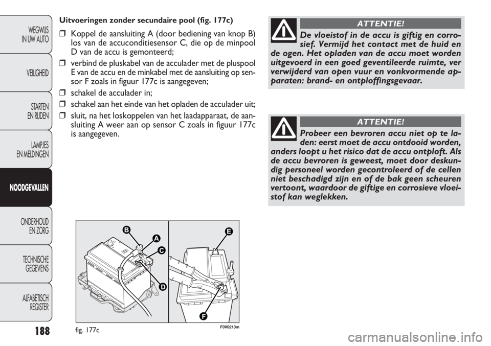 FIAT DOBLO COMBI 2011 Instructieboek (in Dutch) 188
WEGWIJS
IN UW AUTO
VEILIGHEID
STARTEN
EN RIJDEN
LAMPJES
EN MELDINGEN
NOODGEVALLEN
ONDERHOUD
EN ZORG
TECHNISCHE
GEGEVENS
ALFABETISCH
REGISTER
De vloeistof in de accu is giftig en corro-
sief. Ver FIAT DOBLO COMBI 2011 Instructieboek (in Dutch) 188
WEGWIJS
IN UW AUTO
VEILIGHEID
STARTEN
EN RIJDEN
LAMPJES
EN MELDINGEN
NOODGEVALLEN
ONDERHOUD
EN ZORG
TECHNISCHE
GEGEVENS
ALFABETISCH
REGISTER
De vloeistof in de accu is giftig en corro-
sief. Ver