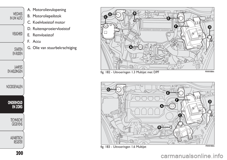 FIAT DOBLO COMBI 2011  Instructieboek (in Dutch) 200
WEGWIJS
IN UW AUTO
VEILIGHEID
STARTEN 
EN RIJDEN
LAMPJES
EN MELDINGEN
NOODGEVALLEN
ONDERHOUD
EN ZORG
TECHNISCHE
GEGEVENS
ALFABETISCH 
REGISTER
fig. 182 - Uitvoeringen 1.3 Multijet met DPF
fig. 183