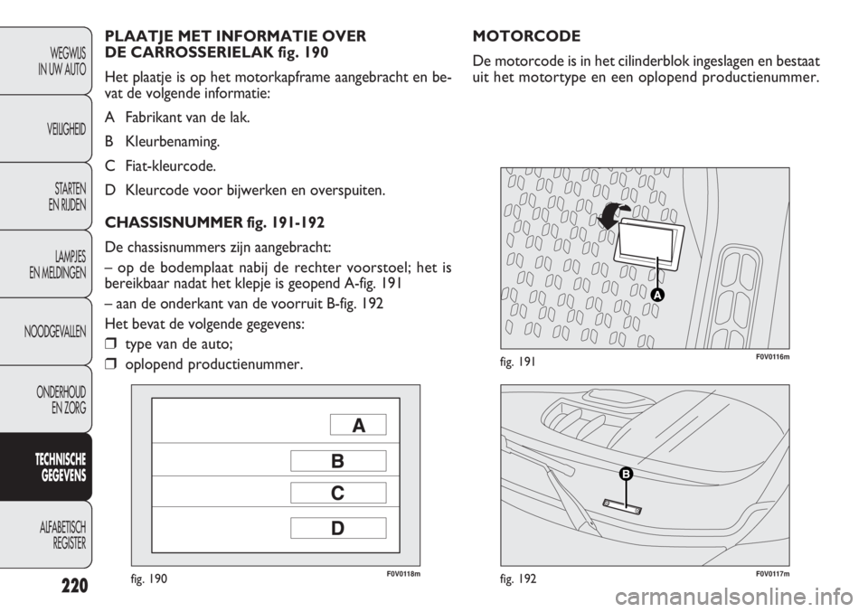 FIAT DOBLO COMBI 2011  Instructieboek (in Dutch) 220
F0V0118mfig. 190F0V0117mfig. 192
F0V0116mfig. 191
MOTORCODE
De motorcode is in het cilinderblok ingeslagen en bestaat
uit het motortype en een oplopend productienummer. PLAATJE MET INFORMATIE OVER