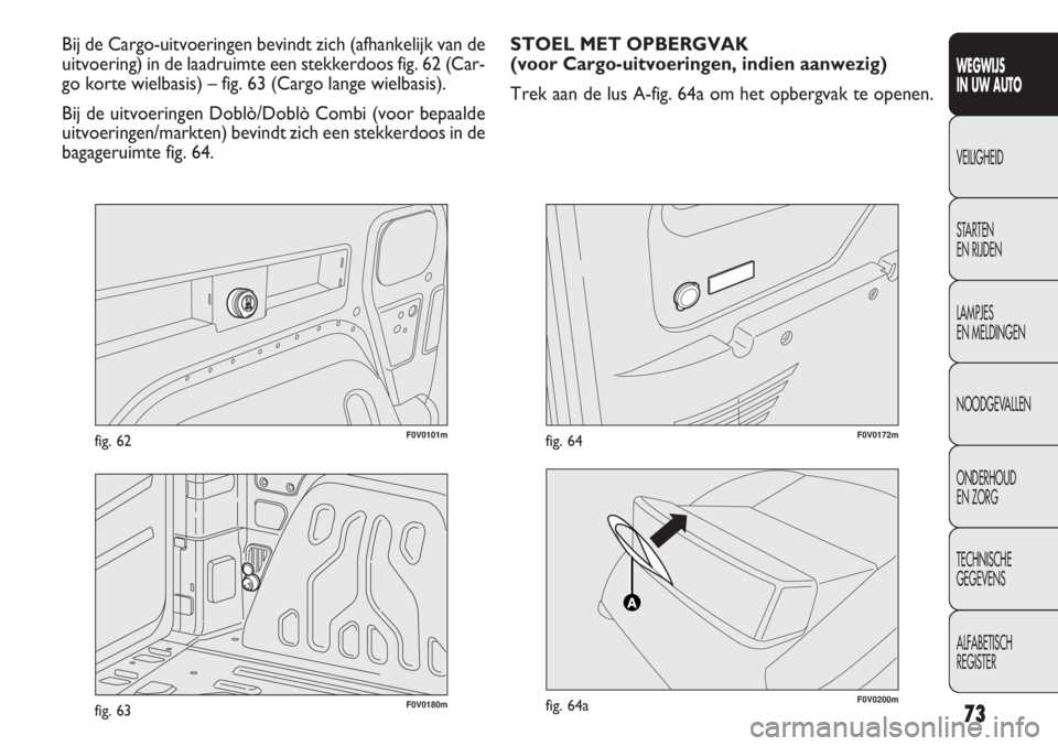 FIAT DOBLO COMBI 2011 Instructieboek (in Dutch) 73
F0V0101mfig. 62
WEGWIJS
IN UW AUTO
VEILIGHEID
STARTEN
EN RIJDEN
LAMPJES
EN MELDINGEN
NOODGEVALLEN
ONDERHOUD
EN ZORG
TECHNISCHE
GEGEVENS
ALFABETISCH
REGISTER
Bij de Cargo-uitvoeringen bevindt zich FIAT DOBLO COMBI 2011 Instructieboek (in Dutch) 73
F0V0101mfig. 62
WEGWIJS
IN UW AUTO
VEILIGHEID
STARTEN
EN RIJDEN
LAMPJES
EN MELDINGEN
NOODGEVALLEN
ONDERHOUD
EN ZORG
TECHNISCHE
GEGEVENS
ALFABETISCH
REGISTER
Bij de Cargo-uitvoeringen bevindt zich