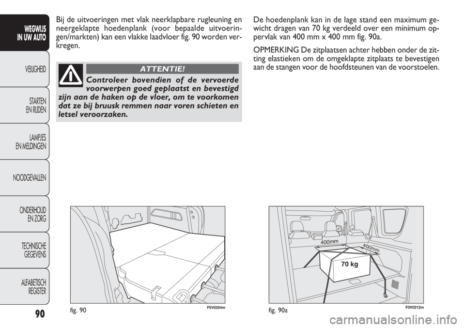 FIAT DOBLO COMBI 2011 Instructieboek (in Dutch) F0V0204mfig. 90
Bij de uitvoeringen met vlak neerklapbare rugleuning en
neergeklapte hoedenplank (voor bepaalde uitvoerin-
gen/markten) kan een vlakke laadvloer fig. 90 worden ver-
kregen.
90
WEGWIJS
FIAT DOBLO COMBI 2011 Instructieboek (in Dutch) F0V0204mfig. 90
Bij de uitvoeringen met vlak neerklapbare rugleuning en
neergeklapte hoedenplank (voor bepaalde uitvoerin-
gen/markten) kan een vlakke laadvloer fig. 90 worden ver-
kregen.
90
WEGWIJS