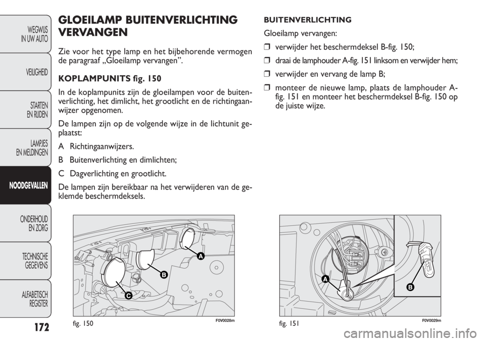 FIAT DOBLO COMBI 2014 Instructieboek (in Dutch) 172
F0V0028mfig. 150F0V0029mfig. 151
GLOEILAMP BUITENVERLICHTING
VERVANGEN
Zie voor het type lamp en het bijbehorende vermogen
de paragraaf „Gloeilamp vervangen”.
KOPLAMPUNITS fig. 150
In de kopla FIAT DOBLO COMBI 2014 Instructieboek (in Dutch) 172
F0V0028mfig. 150F0V0029mfig. 151
GLOEILAMP BUITENVERLICHTING
VERVANGEN
Zie voor het type lamp en het bijbehorende vermogen
de paragraaf „Gloeilamp vervangen”.
KOPLAMPUNITS fig. 150
In de kopla