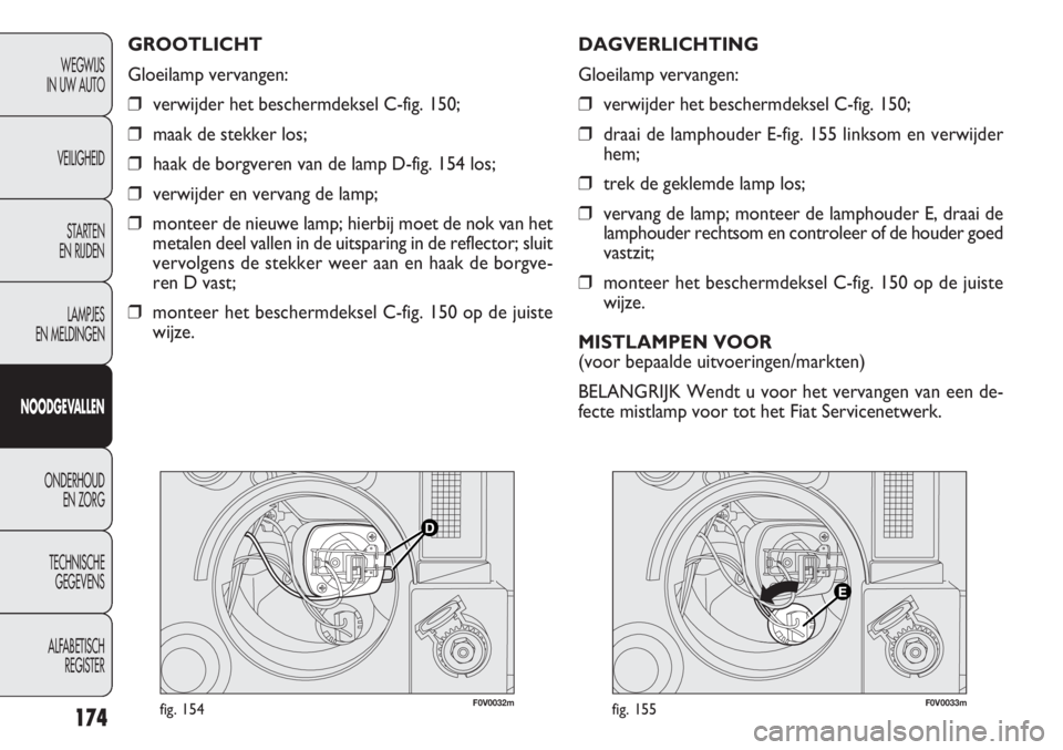 FIAT DOBLO COMBI 2014 Instructieboek (in Dutch) 174
F0V0032mfig. 154F0V0033mfig. 155
DAGVERLICHTING
Gloeilamp vervangen:
❒verwijder het beschermdeksel C-fig. 150;
❒draai de lamphouder E-fig. 155 linksom en verwijder
hem;
❒trek de geklemde lam FIAT DOBLO COMBI 2014 Instructieboek (in Dutch) 174
F0V0032mfig. 154F0V0033mfig. 155
DAGVERLICHTING
Gloeilamp vervangen:
❒verwijder het beschermdeksel C-fig. 150;
❒draai de lamphouder E-fig. 155 linksom en verwijder
hem;
❒trek de geklemde lam