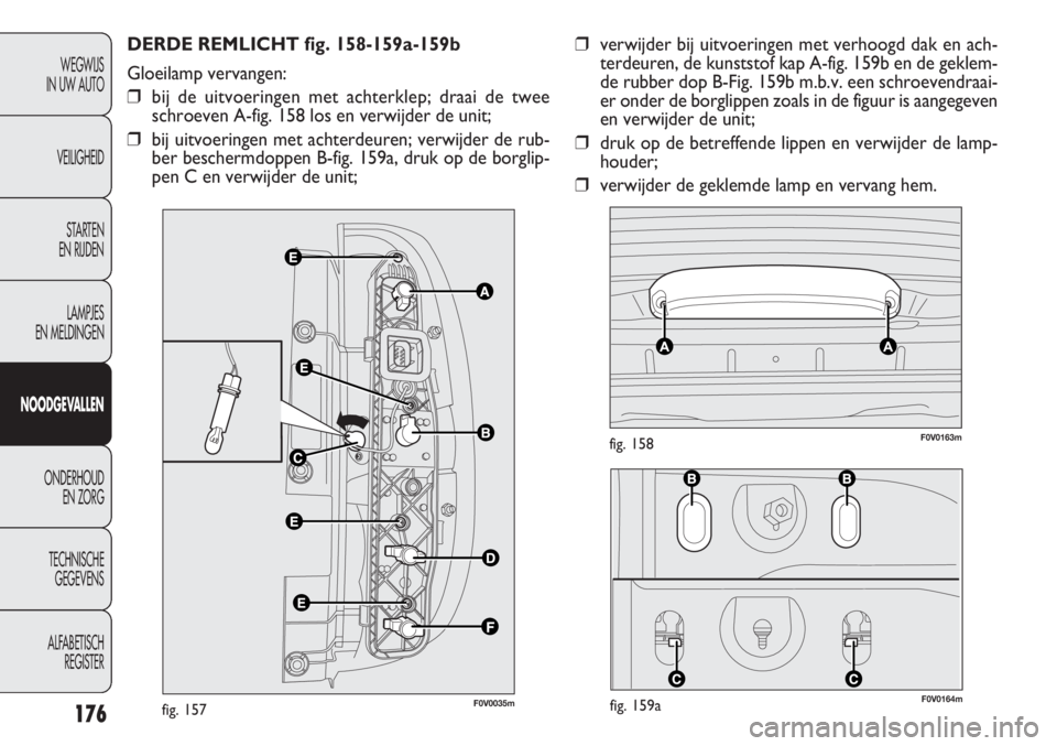 FIAT DOBLO COMBI 2014 Instructieboek (in Dutch) F0V0164mfig. 159a
F0V0163mfig. 158
176
WEGWIJS
IN UW AUTO
VEILIGHEID
STARTEN
EN RIJDEN
LAMPJES
EN MELDINGEN
NOODGEVALLEN
ONDERHOUD
EN ZORG
TECHNISCHE
GEGEVENS
ALFABETISCH
REGISTER
DERDE REMLICHT fig FIAT DOBLO COMBI 2014 Instructieboek (in Dutch) F0V0164mfig. 159a
F0V0163mfig. 158
176
WEGWIJS
IN UW AUTO
VEILIGHEID
STARTEN
EN RIJDEN
LAMPJES
EN MELDINGEN
NOODGEVALLEN
ONDERHOUD
EN ZORG
TECHNISCHE
GEGEVENS
ALFABETISCH
REGISTER
DERDE REMLICHT fig