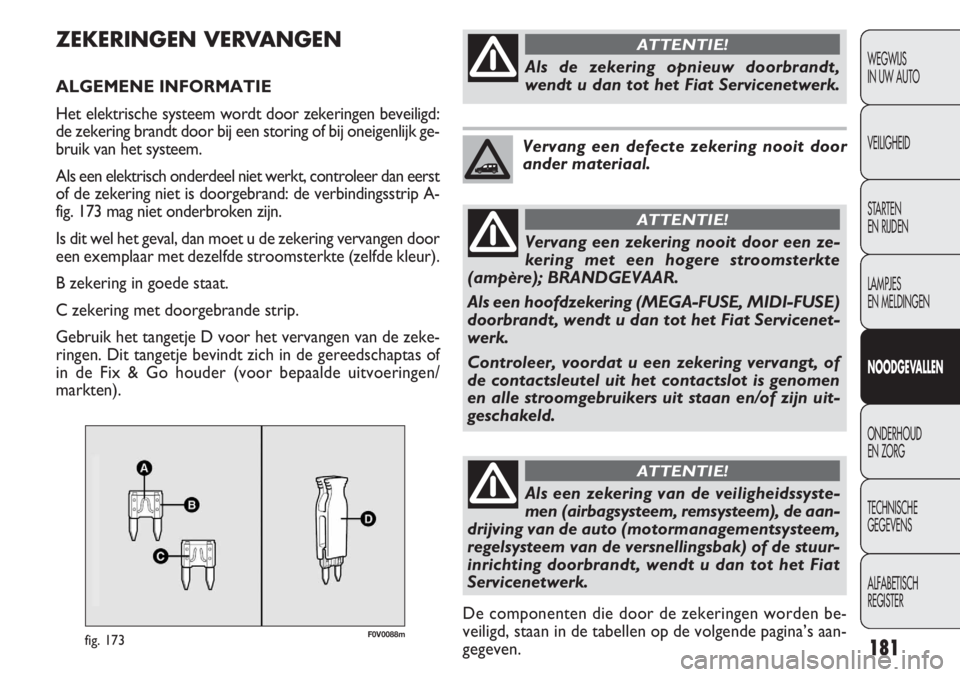 FIAT DOBLO COMBI 2014  Instructieboek (in Dutch) 181
F0V0088mfig. 173
ZEKERINGEN VERVANGEN
ALGEMENE INFORMATIE
Het elektrische systeem wordt door zekeringen beveiligd:
de zekering brandt door bij een storing of bij oneigenlijk ge-
bruik van het syst