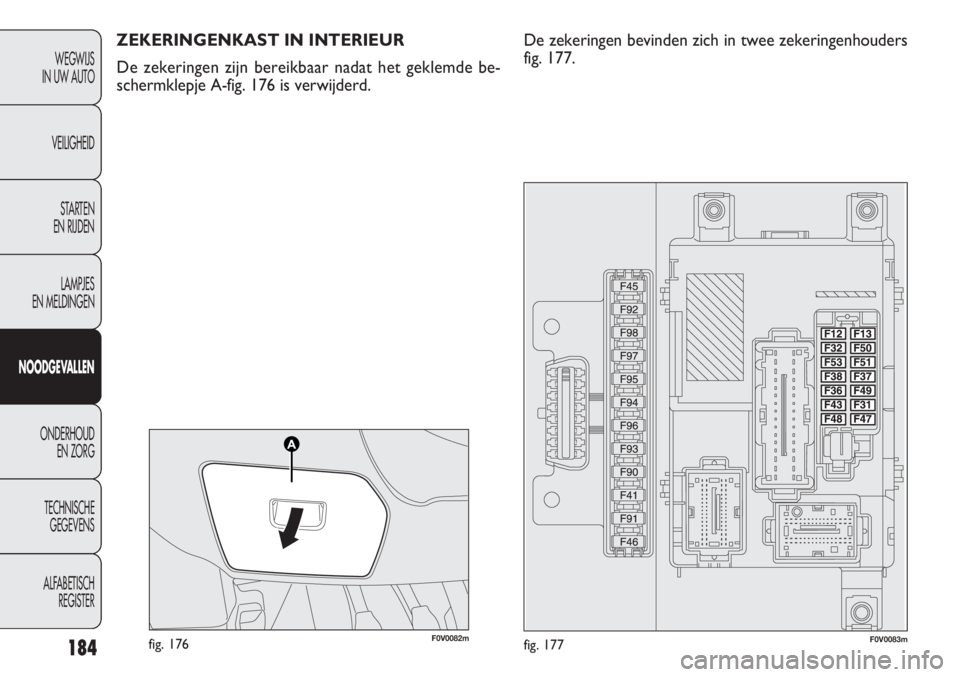 FIAT DOBLO COMBI 2014  Instructieboek (in Dutch) 184
WEGWIJS
IN UW AUTO
VEILIGHEID
STARTEN 
EN RIJDEN
LAMPJES
EN MELDINGEN
NOODGEVALLEN
ONDERHOUD
EN ZORG
TECHNISCHE
GEGEVENS
ALFABETISCH 
REGISTER
F0V0082mfig. 176F0V0083mfig. 177
ZEKERINGENKAST IN IN
