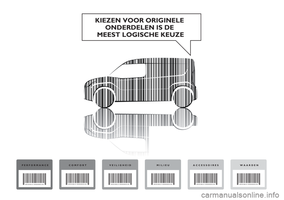 FIAT DOBLO COMBI 2013  Instructieboek (in Dutch) KIEZEN VOOR ORIGINELE
ONDERDELEN IS DE
MEEST LOGISCHE KEUZE
PERFORMANCECOMFORT VEILIGHEID MILIEU WAARDENACCESSOIRES
ORIGINELE ONDERDELENORIGINELE ONDERDELEN
ORIGINELE ONDERDELEN ORIGINELE ONDERDELEN
O