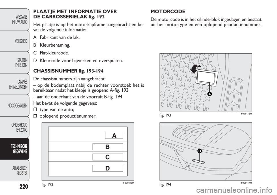 FIAT DOBLO COMBI 2014 Instructieboek (in Dutch) 220
F0V0118mfig. 192F0V0117mfig. 194
F0V0116mfig. 193
MOTORCODE
De motorcode is in het cilinderblok ingeslagen en bestaat
uit het motortype en een oplopend productienummer. PLAATJE MET INFORMATIE OVER FIAT DOBLO COMBI 2014 Instructieboek (in Dutch) 220
F0V0118mfig. 192F0V0117mfig. 194
F0V0116mfig. 193
MOTORCODE
De motorcode is in het cilinderblok ingeslagen en bestaat
uit het motortype en een oplopend productienummer. PLAATJE MET INFORMATIE OVER