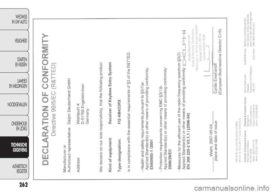 FIAT DOBLO COMBI 2014 Instructieboek (in Dutch) 262
WEGWIJS
IN UW AUTO
VEILIGHEID
STARTEN
EN RIJDEN
LAMPJES
EN MELDINGEN
NOODGEVALLEN
ONDERHOUD
EN ZORG
TECHNISCHE
GEGEVENS
ALFABETISCH
REGISTER FIAT DOBLO COMBI 2014 Instructieboek (in Dutch) 262
WEGWIJS
IN UW AUTO
VEILIGHEID
STARTEN
EN RIJDEN
LAMPJES
EN MELDINGEN
NOODGEVALLEN
ONDERHOUD
EN ZORG
TECHNISCHE
GEGEVENS
ALFABETISCH
REGISTER