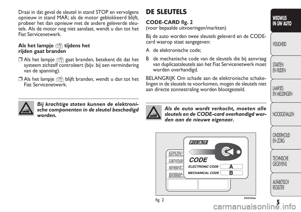 FIAT DOBLO COMBI 2014  Instructieboek (in Dutch) 5
WEGWIJS
IN UW AUTO
VEILIGHEID
STARTEN
EN RIJDEN
LAMPJES
EN MELDINGEN
NOODGEVALLEN
ONDERHOUD
EN ZORG
TECHNISCHE
GEGEVENS
ALFABETISCH
REGISTER
DE SLEUTELS
CODE-CARD fig. 2
(voor bepaalde uitvoeringen/