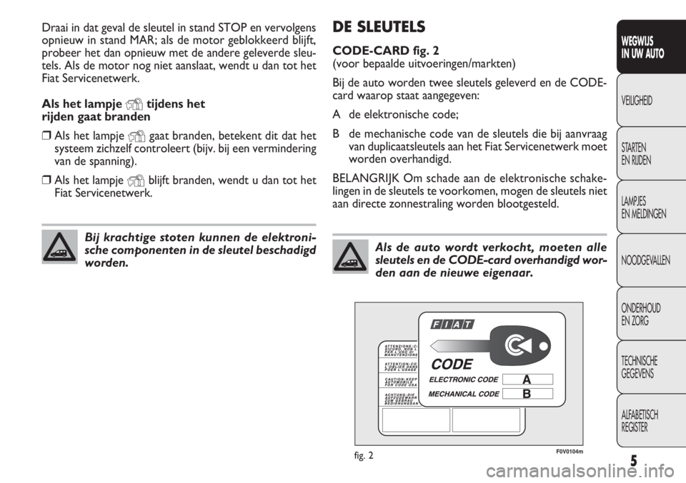 FIAT DOBLO COMBI 2012  Instructieboek (in Dutch) 5
WEGWIJS
IN UW AUTO
VEILIGHEID
STARTEN
EN RIJDEN
LAMPJES
EN MELDINGEN
NOODGEVALLEN
ONDERHOUD
EN ZORG
TECHNISCHE
GEGEVENS
ALFABETISCH
REGISTER
DE SLEUTELS
CODE-CARD fig. 2
(voor bepaalde uitvoeringen/