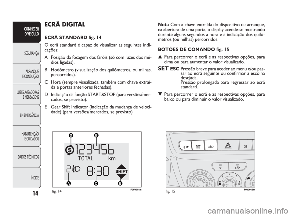 FIAT DOBLO COMBI 2010 Manual de Uso e Manutenção (in Portuguese) 14
CONHECER
O VEÍCULO
SEGURANÇA
ARRANQUE
E CONDUÇÃO
LUZES AVISADORAS
E MENSAGENS
EM EMERGÊNCIA
MANUTENÇÃO
E CUIDADOS
DADOS TÉCNICOS
ÍNDICE
ECRÃ DIGITAL
ECRÃ STANDARD fig. 14
O ecrã sta FIAT DOBLO COMBI 2010 Manual de Uso e Manutenção (in Portuguese) 14
CONHECER
O VEÍCULO
SEGURANÇA
ARRANQUE
E CONDUÇÃO
LUZES AVISADORAS
E MENSAGENS
EM EMERGÊNCIA
MANUTENÇÃO
E CUIDADOS
DADOS TÉCNICOS
ÍNDICE
ECRÃ DIGITAL
ECRÃ STANDARD fig. 14
O ecrã sta