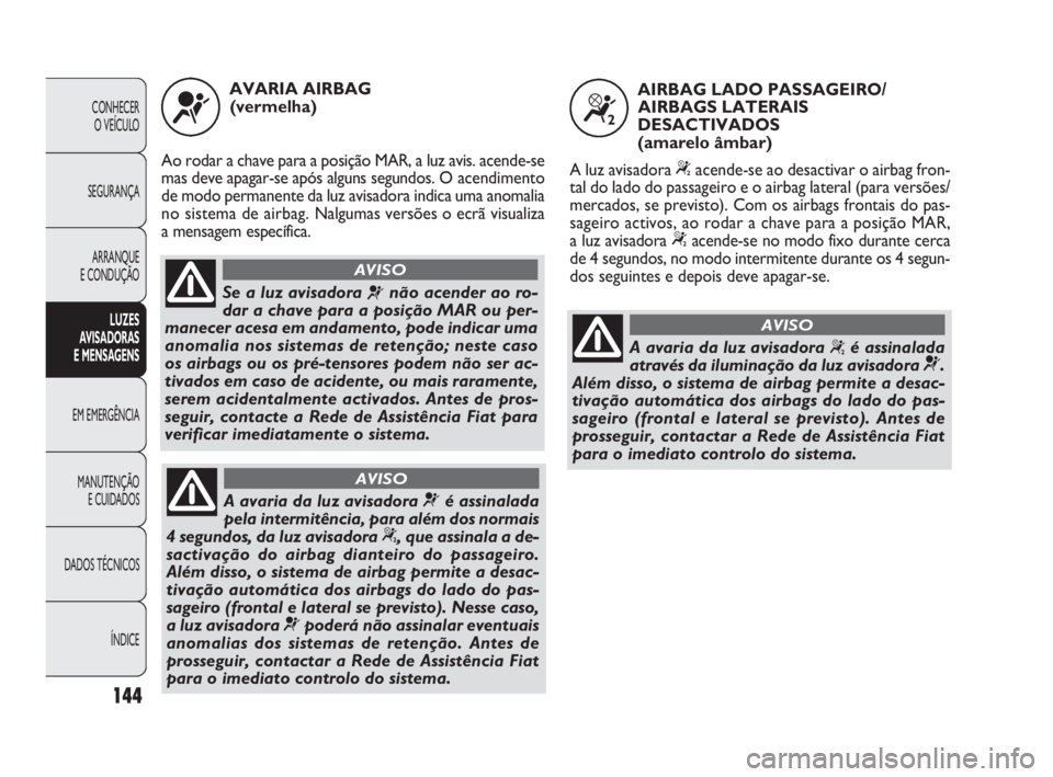 FIAT DOBLO COMBI 2010 Manual de Uso e Manutenção (in Portuguese) 144
CONHECER
O VEÍCULO
SEGURANÇA
ARRANQUE
E CONDUÇÃO
LUZES
AVISADORAS
E MENSAGENS
EM EMERGÊNCIA
MANUTENÇÃO
E CUIDADOS
DADOS TÉCNICOS
ÍNDICE
AVARIA AIRBAG
(vermelha)
Ao rodar a chave par FIAT DOBLO COMBI 2010 Manual de Uso e Manutenção (in Portuguese) 144
CONHECER
O VEÍCULO
SEGURANÇA
ARRANQUE
E CONDUÇÃO
LUZES
AVISADORAS
E MENSAGENS
EM EMERGÊNCIA
MANUTENÇÃO
E CUIDADOS
DADOS TÉCNICOS
ÍNDICE
AVARIA AIRBAG
(vermelha)
Ao rodar a chave par