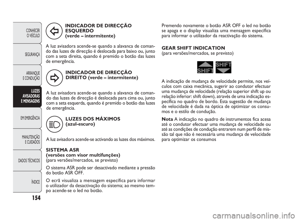 FIAT DOBLO COMBI 2010 Manual de Uso e Manutenção (in Portuguese) 154
CONHECER
O VEÍCULO
SEGURANÇA
ARRANQUE
E CONDUÇÃO
LUZES
AVISADORAS
E MENSAGENS
EM EMERGÊNCIA
MANUTENÇÃO
E CUIDADOS
DADOS TÉCNICOS
ÍNDICE
INDICADOR DE DIRECÇÃO
DIREITO (verde – in FIAT DOBLO COMBI 2010 Manual de Uso e Manutenção (in Portuguese) 154
CONHECER
O VEÍCULO
SEGURANÇA
ARRANQUE
E CONDUÇÃO
LUZES
AVISADORAS
E MENSAGENS
EM EMERGÊNCIA
MANUTENÇÃO
E CUIDADOS
DADOS TÉCNICOS
ÍNDICE
INDICADOR DE DIRECÇÃO
DIREITO (verde – in