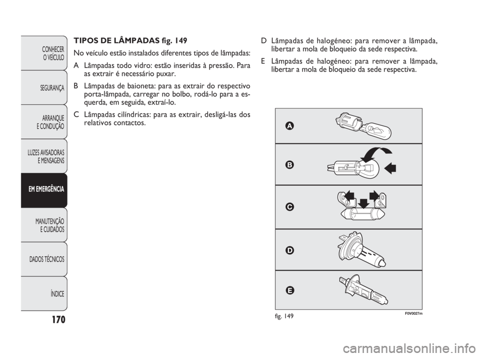FIAT DOBLO COMBI 2010 Manual de Uso e Manutenção (in Portuguese) F0V0027mfig. 149
TIPOS DE LÂMPADAS fig. 149
No veículo estão instalados diferentes tipos de lâmpadas:
A Lâmpadas todo vidro: estão inseridas à pressão. Para
as extrair é necessário puxar.
B FIAT DOBLO COMBI 2010 Manual de Uso e Manutenção (in Portuguese) F0V0027mfig. 149
TIPOS DE LÂMPADAS fig. 149
No veículo estão instalados diferentes tipos de lâmpadas:
A Lâmpadas todo vidro: estão inseridas à pressão. Para
as extrair é necessário puxar.
B