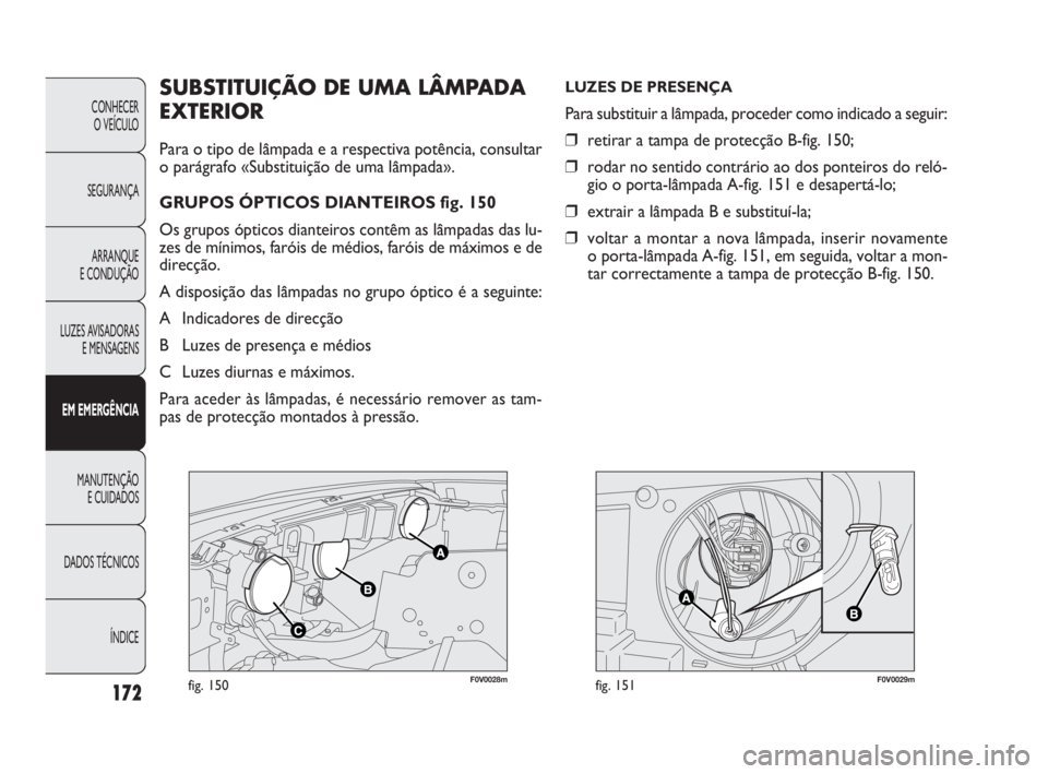 FIAT DOBLO COMBI 2010 Manual de Uso e Manutenção (in Portuguese) F0V0028mfig. 150F0V0029mfig. 151
SUBSTITUIÇÃO DE UMA LÂMPADA
EXTERIOR
Para o tipo de lâmpada e a respectiva potência, consultar
o parágrafo «Substituição de uma lâmpada».
GRUPOS ÓPTICOS DI FIAT DOBLO COMBI 2010 Manual de Uso e Manutenção (in Portuguese) F0V0028mfig. 150F0V0029mfig. 151
SUBSTITUIÇÃO DE UMA LÂMPADA
EXTERIOR
Para o tipo de lâmpada e a respectiva potência, consultar
o parágrafo «Substituição de uma lâmpada».
GRUPOS ÓPTICOS DI