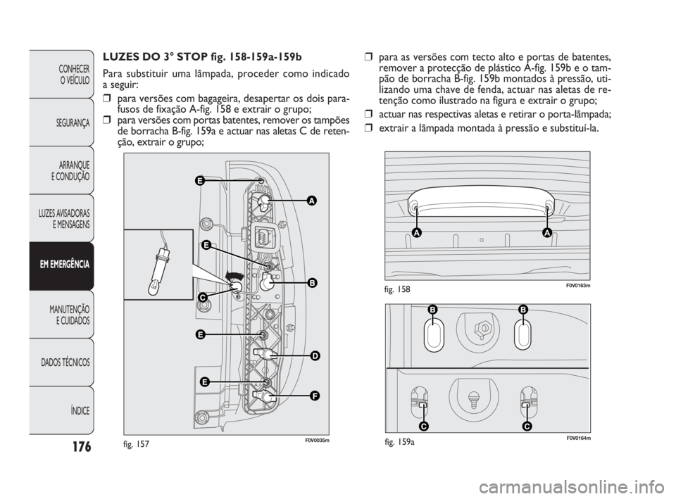 FIAT DOBLO COMBI 2010 Manual de Uso e Manutenção (in Portuguese) F0V0164mfig. 159a
F0V0163mfig. 158
176
CONHECER
O VEÍCULO
SEGURANÇA
ARRANQUE
E CONDUÇÃO
LUZES AVISADORAS
E MENSAGENS
EM EMERGÊNCIA
MANUTENÇÃO
E CUIDADOS
DADOS TÉCNICOS
ÍNDICE
LUZES DO 3° FIAT DOBLO COMBI 2010 Manual de Uso e Manutenção (in Portuguese) F0V0164mfig. 159a
F0V0163mfig. 158
176
CONHECER
O VEÍCULO
SEGURANÇA
ARRANQUE
E CONDUÇÃO
LUZES AVISADORAS
E MENSAGENS
EM EMERGÊNCIA
MANUTENÇÃO
E CUIDADOS
DADOS TÉCNICOS
ÍNDICE
LUZES DO 3°