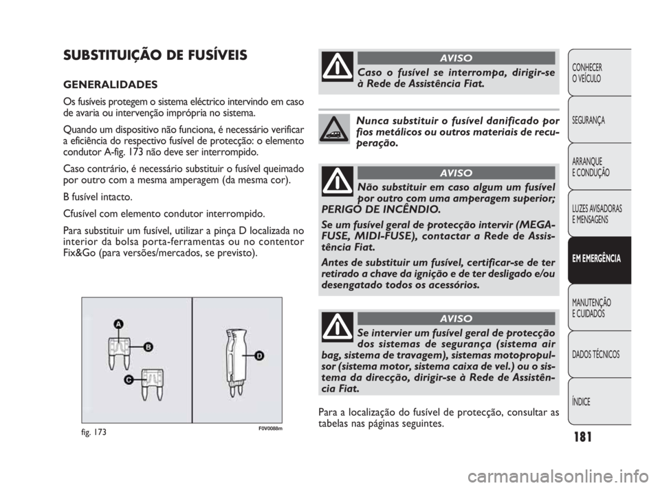 FIAT DOBLO COMBI 2010  Manual de Uso e Manutenção (in Portuguese) F0V0088mfig. 173
SUBSTITUIÇÃO DE FUSÍVEIS
GENERALIDADES 
Os fusíveis protegem o sistema eléctrico intervindo em caso
de avaria ou intervenção imprópria no sistema.
Quando um dispositivo não f