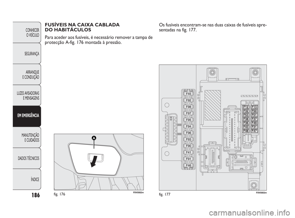 FIAT DOBLO COMBI 2010  Manual de Uso e Manutenção (in Portuguese) 186
CONHECER 
O VEÍCULO
SEGURANÇA
ARRANQUE 
E CONDUÇÃO
LUZES AVISADORAS
E MENSAGENS
EM EMERGÊNCIA
MANUTENÇÃO 
E CUIDADOS
DADOS TÉCNICOS
ÍNDICE
F0V0082mfig. 176F0V0083mfig. 177
FUSÍVEIS NA CA
