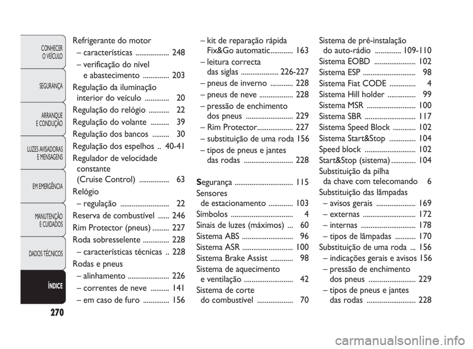 FIAT DOBLO COMBI 2009  Manual de Uso e Manutenção (in Portuguese) 270
CONHECER 
O VEÍCULO
SEGURANÇA
ARRANQUE 
E CONDUÇÃO
LUZES AVISADORAS
E MENSAGENS
EM EMERGÊNCIA
MANUTENÇÃO 
E CUIDADOS
DADOS TÉCNICOS
ÍNDICE
Refrigerante do motor
– características .....
