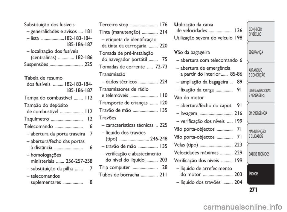 FIAT DOBLO COMBI 2009  Manual de Uso e Manutenção (in Portuguese) 271
CONHECER 
O VEÍCULO
SEGURANÇA
ARRANQUE 
E CONDUÇÃO
LUZES AVISADORAS 
E MENSAGENS
EM EMERGÊNCIA
MANUTENÇÃO 
E CUIDADOS
DADOS TÉCNICOS
ÍNDICE
Substituição dos fusíveis
– generalidades 