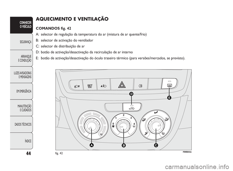 FIAT DOBLO COMBI 2010 Manual de Uso e Manutenção (in Portuguese) AQUECIMENTO E VENTILAÇÃO
COMANDOS fig. 42
A: selector de regulação da temperatura do ar (mistura de ar quente/frio)
B: selector de activação do ventilador
C: selector de distribuição de ar
D: FIAT DOBLO COMBI 2010 Manual de Uso e Manutenção (in Portuguese) AQUECIMENTO E VENTILAÇÃO
COMANDOS fig. 42
A: selector de regulação da temperatura do ar (mistura de ar quente/frio)
B: selector de activação do ventilador
C: selector de distribuição de ar
D: