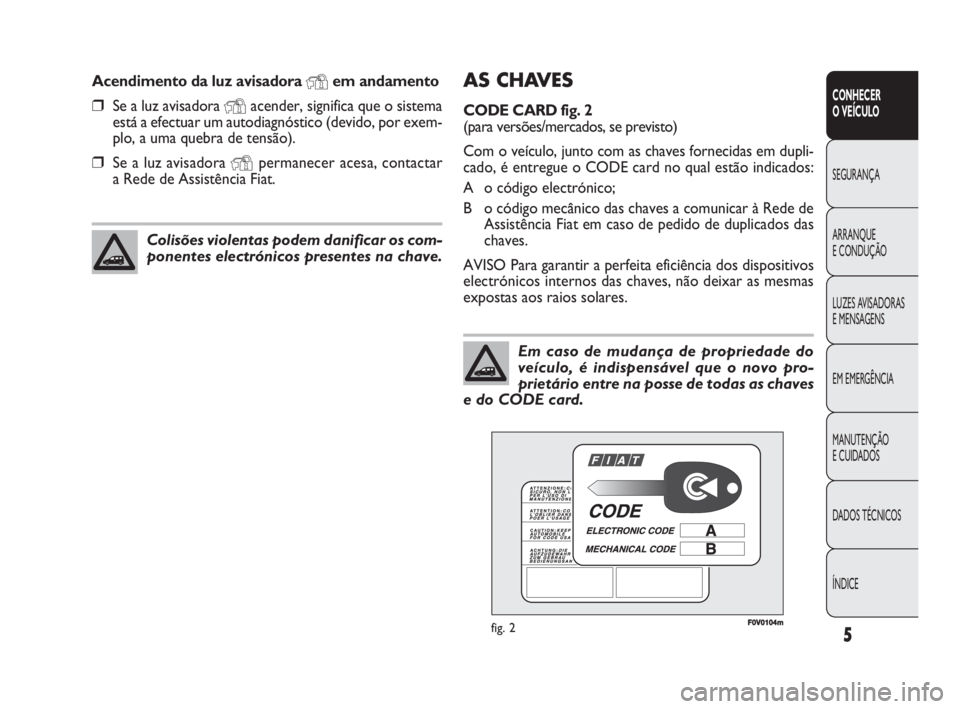 FIAT DOBLO COMBI 2009  Manual de Uso e Manutenção (in Portuguese) 5
CONHECER 
O VEÍCULO
SEGURANÇA
ARRANQUE 
E CONDUÇÃO
LUZES AVISADORAS 
E MENSAGENS
EM EMERGÊNCIA
MANUTENÇÃO 
E CUIDADOS
DADOS TÉCNICOS
ÍNDICE
AS CHAVES 
CODE CARD fig. 2 
(para versões/merca