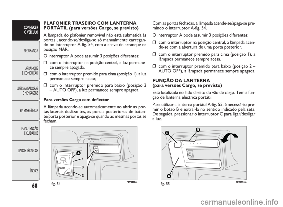 FIAT DOBLO COMBI 2010  Manual de Uso e Manutenção (in Portuguese) 68
CONHECER 
O VEÍCULO
SEGURANÇA
ARRANQUE 
E CONDUÇÃO
LUZES AVISADORAS
E MENSAGENS
EM EMERGÊNCIA
MANUTENÇÃO 
E CUIDADOS
DADOS TÉCNICOS
ÍNDICE



FF00VV001744mmfig. 55
Com as portas fechad