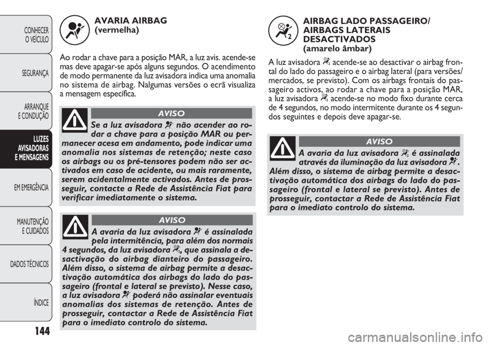 FIAT DOBLO COMBI 2011 Manual de Uso e Manutenção (in Portuguese) 144
CONHECER
O VEÍCULO
SEGURANÇA
ARRANQUE
E CONDUÇÃO
LUZES
AVISADORAS
E MENSAGENS
EM EMERGÊNCIA
MANUTENÇÃO
E CUIDADOS
DADOS TÉCNICOS
ÍNDICE
AVARIA AIRBAG
(vermelha)
Ao rodar a chave para a FIAT DOBLO COMBI 2011 Manual de Uso e Manutenção (in Portuguese) 144
CONHECER
O VEÍCULO
SEGURANÇA
ARRANQUE
E CONDUÇÃO
LUZES
AVISADORAS
E MENSAGENS
EM EMERGÊNCIA
MANUTENÇÃO
E CUIDADOS
DADOS TÉCNICOS
ÍNDICE
AVARIA AIRBAG
(vermelha)
Ao rodar a chave para a