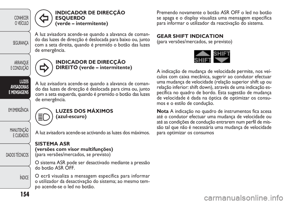 FIAT DOBLO COMBI 2011 Manual de Uso e Manutenção (in Portuguese) 154
CONHECER
O VEÍCULO
SEGURANÇA
ARRANQUE
E CONDUÇÃO
LUZES
AVISADORAS
E MENSAGENS
EM EMERGÊNCIA
MANUTENÇÃO
E CUIDADOS
DADOS TÉCNICOS
ÍNDICE
INDICADOR DE DIRECÇÃO
DIREITO (verde – inter FIAT DOBLO COMBI 2011 Manual de Uso e Manutenção (in Portuguese) 154
CONHECER
O VEÍCULO
SEGURANÇA
ARRANQUE
E CONDUÇÃO
LUZES
AVISADORAS
E MENSAGENS
EM EMERGÊNCIA
MANUTENÇÃO
E CUIDADOS
DADOS TÉCNICOS
ÍNDICE
INDICADOR DE DIRECÇÃO
DIREITO (verde – inter