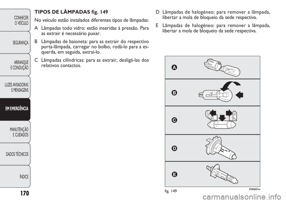 FIAT DOBLO COMBI 2011 Manual de Uso e Manutenção (in Portuguese) F0V0027mfig. 149
TIPOS DE LÂMPADAS fig. 149
No veículo estão instalados diferentes tipos de lâmpadas:
A Lâmpadas todo vidro: estão inseridas à pressão. Para
as extrair é necessário puxar.
B FIAT DOBLO COMBI 2011 Manual de Uso e Manutenção (in Portuguese) F0V0027mfig. 149
TIPOS DE LÂMPADAS fig. 149
No veículo estão instalados diferentes tipos de lâmpadas:
A Lâmpadas todo vidro: estão inseridas à pressão. Para
as extrair é necessário puxar.
B