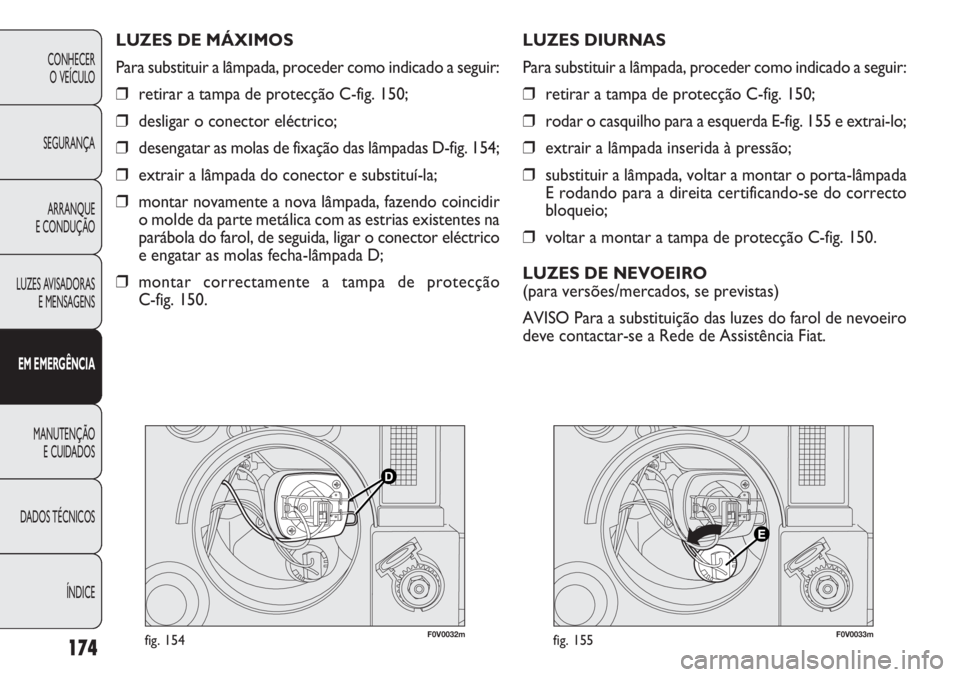 FIAT DOBLO COMBI 2011 Manual de Uso e Manutenção (in Portuguese) F0V0032mfig. 154F0V0033mfig. 155
LUZES DIURNAS
Para substituir a lâmpada, proceder como indicado a seguir:
❒retirar a tampa de protecção C-fig. 150;
❒rodar o casquilho para a esquerda E-fig. 15 FIAT DOBLO COMBI 2011 Manual de Uso e Manutenção (in Portuguese) F0V0032mfig. 154F0V0033mfig. 155
LUZES DIURNAS
Para substituir a lâmpada, proceder como indicado a seguir:
❒retirar a tampa de protecção C-fig. 150;
❒rodar o casquilho para a esquerda E-fig. 15