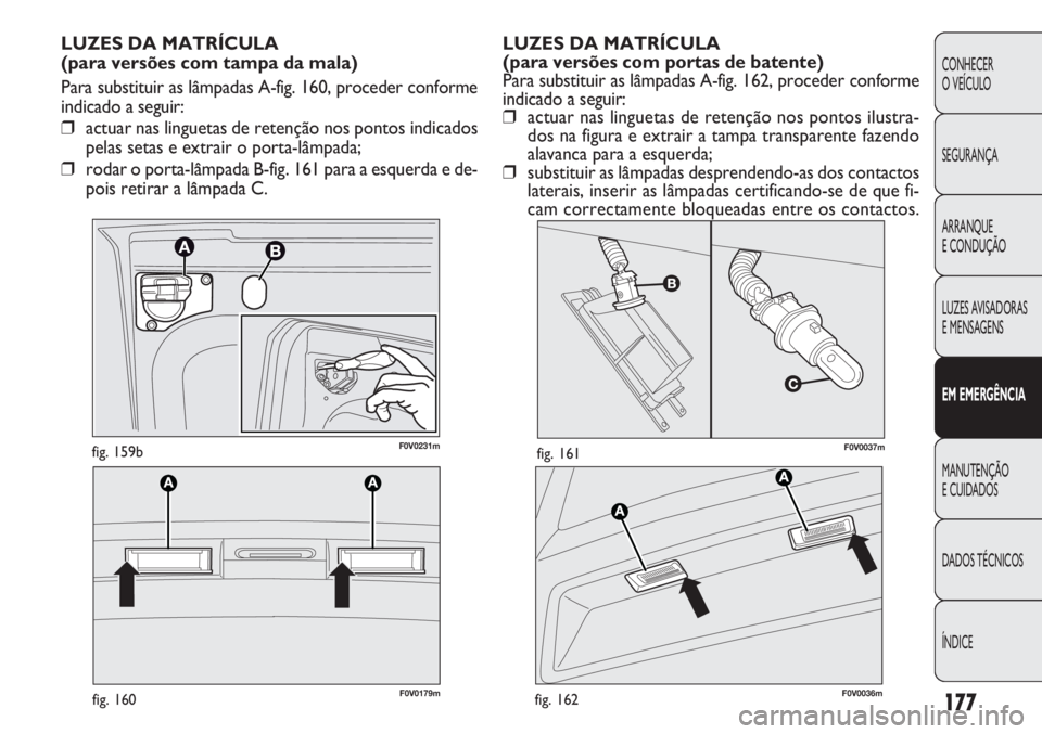 FIAT DOBLO COMBI 2011 Manual de Uso e Manutenção (in Portuguese) F0V0037mfig. 161
F0V0179mfig. 160
F0V0231mfig. 159b
LUZES DA MATRÍCULA
(para versões com portas de batente)
Para substituir as lâmpadas A-fig. 162, proceder conforme
indicado a seguir:
❒actuar n FIAT DOBLO COMBI 2011 Manual de Uso e Manutenção (in Portuguese) F0V0037mfig. 161
F0V0179mfig. 160
F0V0231mfig. 159b
LUZES DA MATRÍCULA
(para versões com portas de batente)
Para substituir as lâmpadas A-fig. 162, proceder conforme
indicado a seguir:
❒actuar n