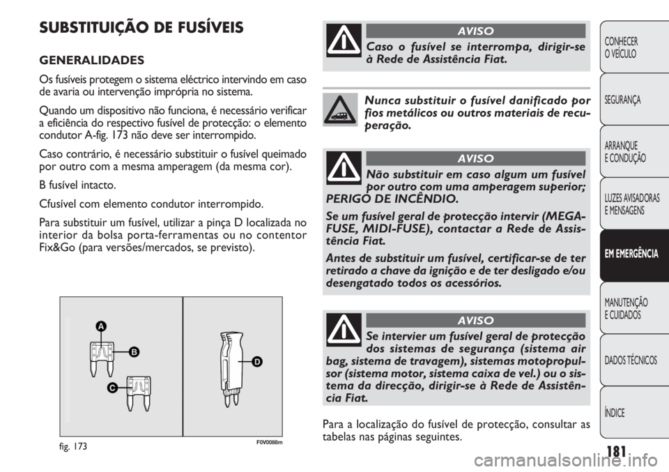 FIAT DOBLO COMBI 2011  Manual de Uso e Manutenção (in Portuguese) F0V0088mfig. 173
SUBSTITUIÇÃO DE FUSÍVEIS
GENERALIDADES 
Os fusíveis protegem o sistema eléctrico intervindo em caso
de avaria ou intervenção imprópria no sistema.
Quando um dispositivo não f