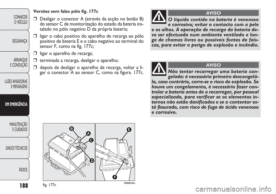 FIAT DOBLO COMBI 2011  Manual de Uso e Manutenção (in Portuguese) 188
CONHECER
O VEÍCULO
SEGURANÇA
ARRANQUE
E CONDUÇÃO
LUZES AVISADORAS
E MENSAGENS
EM EMERGÊNCIA
MANUTENÇÃO 
E CUIDADOS
DADOS TÉCNICOS
ÍNDICE
O líquido contido na bateria é venenoso 
e corro