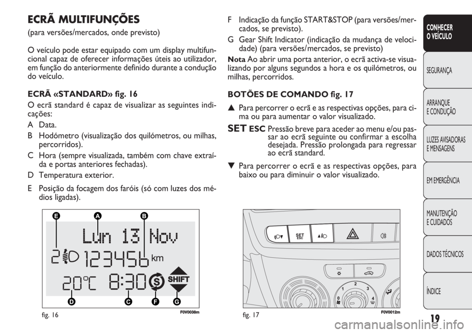 FIAT DOBLO COMBI 2011  Manual de Uso e Manutenção (in Portuguese) 19
CONHECER
O VEÍCULO
SEGURANÇA
ARRANQUE
E CONDUÇÃO
LUZES AVISADORAS 
E MENSAGENS
EM EMERGÊNCIA
MANUTENÇÃO 
E CUIDADOS
DADOS TÉCNICOS
ÍNDICE
F0V0038mfig. 16F0V0012mfig. 17
F Indicação da fu