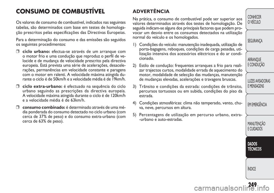 FIAT DOBLO COMBI 2011  Manual de Uso e Manutenção (in Portuguese) 249
CONHECER
O VEÍCULO
SEGURANÇA
ARRANQUE
E CONDUÇÃO
LUZES AVISADORAS 
E MENSAGENS
EM EMERGÊNCIA
MANUTENÇÃO 
E CUIDADOS
DADOS 
TÉCNICOS
ÍNDICE
CONSUMO DE COMBUSTÍVEL
Os valores de consumo de