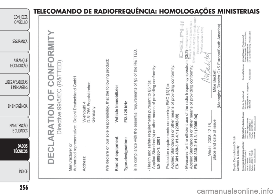 FIAT DOBLO COMBI 2011 Manual de Uso e Manutenção (in Portuguese) 256
CONHECER
O VEÍCULO
SEGURANÇA
ARRANQUE
E CONDUÇÃO
LUZES AVISADORAS
E MENSAGENS
EM EMERGÊNCIA
MANUTENÇÃO
E CUIDADOS
DADOS
TÉCNICOS
ÍNDICE
TELECOMANDO DE RADIOFREQUÊNCIA: HOMOLOGAÇÕES M FIAT DOBLO COMBI 2011 Manual de Uso e Manutenção (in Portuguese) 256
CONHECER
O VEÍCULO
SEGURANÇA
ARRANQUE
E CONDUÇÃO
LUZES AVISADORAS
E MENSAGENS
EM EMERGÊNCIA
MANUTENÇÃO
E CUIDADOS
DADOS
TÉCNICOS
ÍNDICE
TELECOMANDO DE RADIOFREQUÊNCIA: HOMOLOGAÇÕES M
