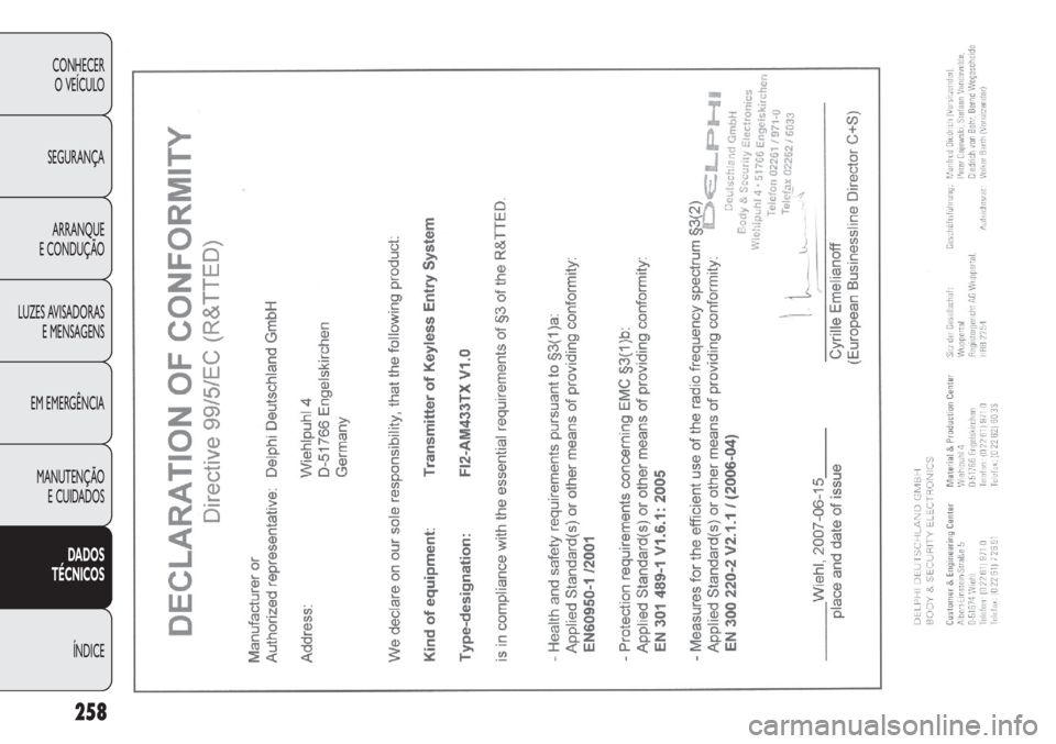FIAT DOBLO COMBI 2011 Manual de Uso e Manutenção (in Portuguese) 258
CONHECER
O VEÍCULO
SEGURANÇA
ARRANQUE
E CONDUÇÃO
LUZES AVISADORAS
E MENSAGENS
EM EMERGÊNCIA
MANUTENÇÃO
E CUIDADOS
DADOS
TÉCNICOS
ÍNDICE FIAT DOBLO COMBI 2011 Manual de Uso e Manutenção (in Portuguese) 258
CONHECER
O VEÍCULO
SEGURANÇA
ARRANQUE
E CONDUÇÃO
LUZES AVISADORAS
E MENSAGENS
EM EMERGÊNCIA
MANUTENÇÃO
E CUIDADOS
DADOS
TÉCNICOS
ÍNDICE