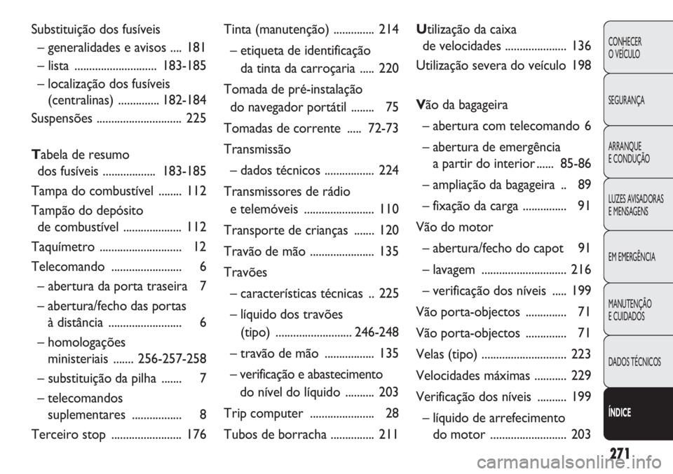 FIAT DOBLO COMBI 2011 Manual de Uso e Manutenção (in Portuguese) 271
CONHECER
O VEÍCULO
SEGURANÇA
ARRANQUE
E CONDUÇÃO
LUZES AVISADORAS
E MENSAGENS
EM EMERGÊNCIA
MANUTENÇÃO
E CUIDADOS
DADOS TÉCNICOS
ÍNDICE
Substituição dos fusíveis
– generalidades e FIAT DOBLO COMBI 2011 Manual de Uso e Manutenção (in Portuguese) 271
CONHECER
O VEÍCULO
SEGURANÇA
ARRANQUE
E CONDUÇÃO
LUZES AVISADORAS
E MENSAGENS
EM EMERGÊNCIA
MANUTENÇÃO
E CUIDADOS
DADOS TÉCNICOS
ÍNDICE
Substituição dos fusíveis
– generalidades e